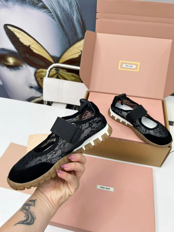 Miu Tyre Ballerina Shoes Black Suede Lace 456344