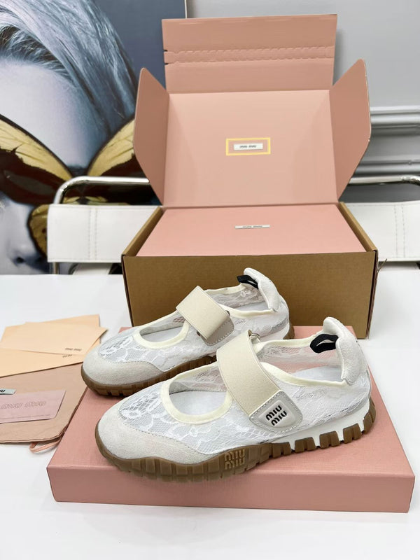 Miu Tyre Ballerina Shoes Beige Suede Lace 456345