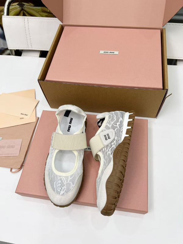 Miu Tyre Ballerina Shoes Beige Suede Lace 456345