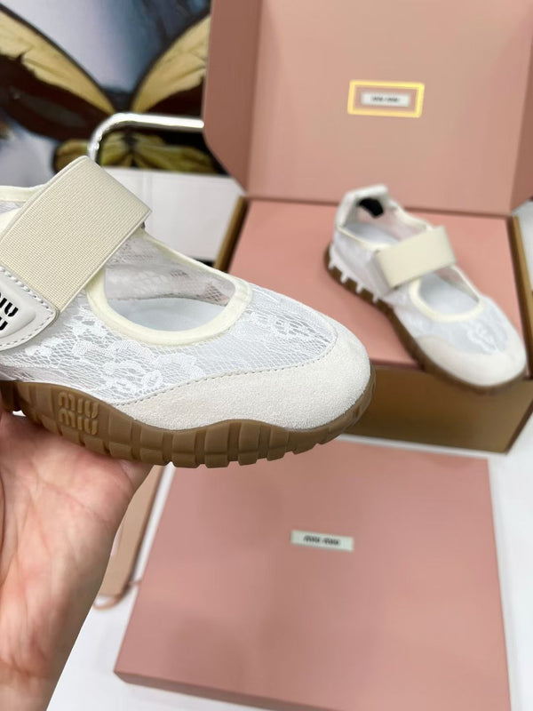 Miu Tyre Ballerina Shoes Beige Suede Lace 456345