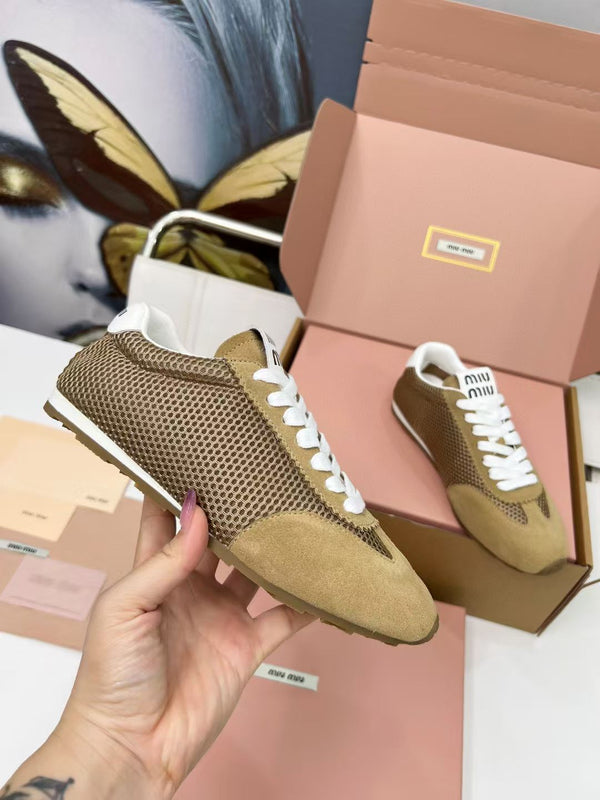 Miu Plume Sneakers Yellow-Brown Suede Lace 456346