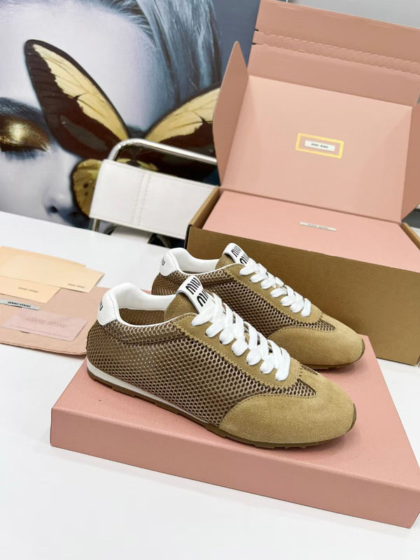 Miu Plume Sneakers Yellow-Brown Suede Lace 456346