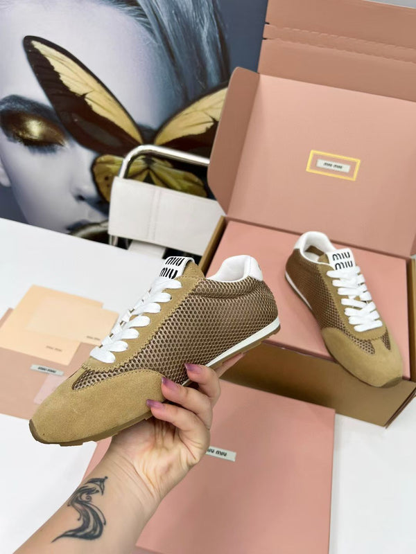 Miu Plume Sneakers Yellow-Brown Suede Lace 456346