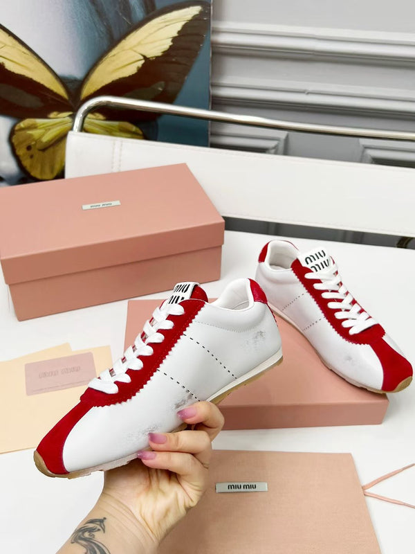 Miu Plume Sneakers Red White Cowhide Suede 456352