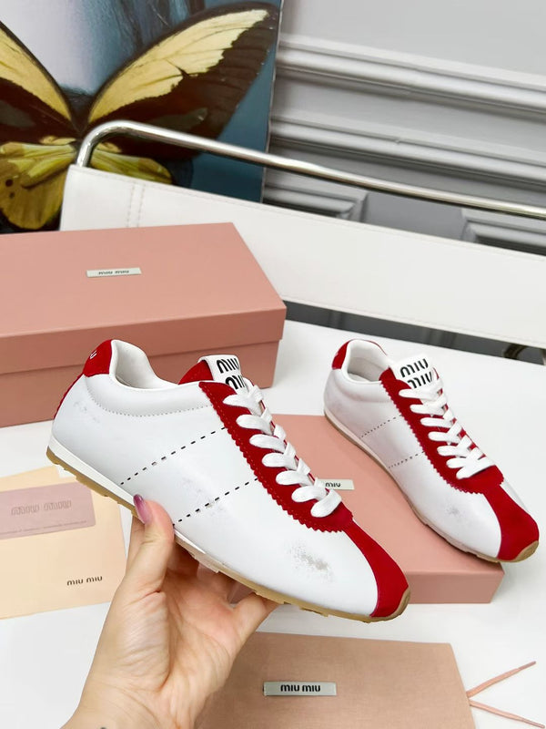 Miu Plume Sneakers Red White Cowhide Suede 456352