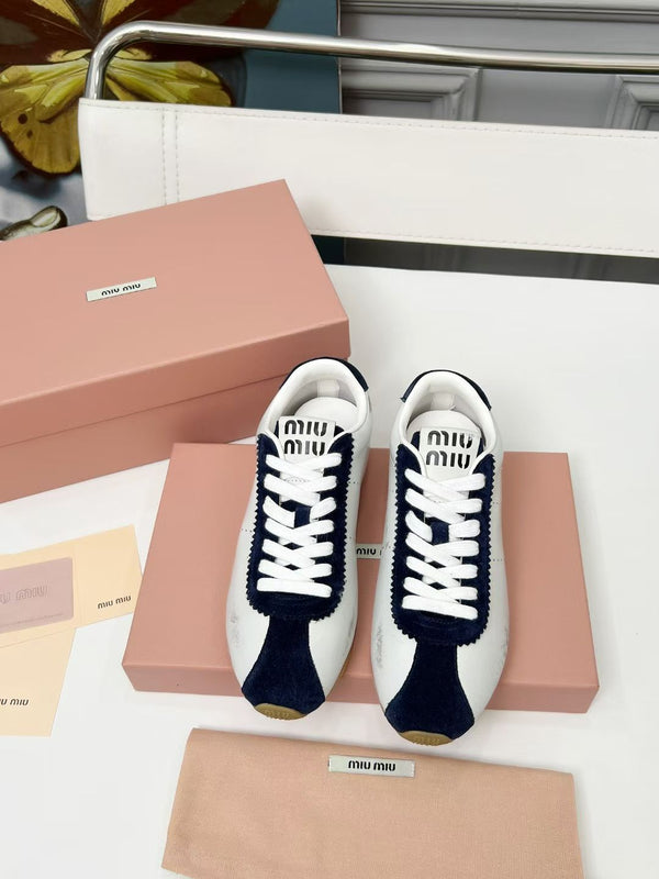 Miu Plume Sneakers Navy Blue White Cowhide Suede 456353