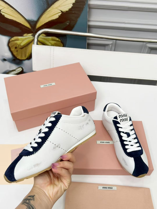 Miu Plume Sneakers Navy Blue White Cowhide Suede 456353