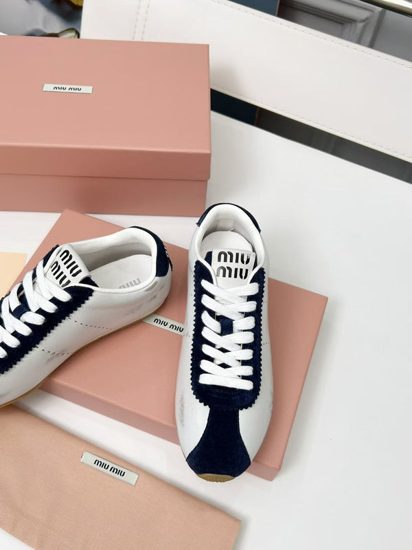 Miu Plume Sneakers Navy Blue White Cowhide Suede 456353