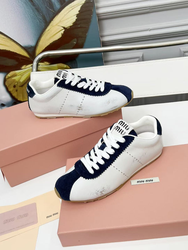 Miu Plume Sneakers Navy Blue White Cowhide Suede 456353