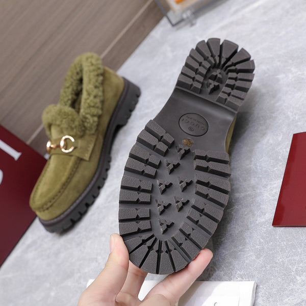 GG Women's Loafer Horsebit Olive Green Suede Shearing 547323