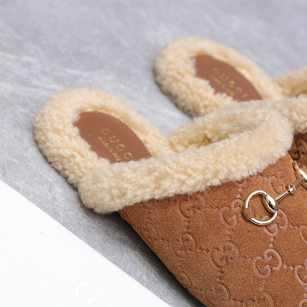GG Horsebit Mules with Brown Insole Suede Shearing 547328