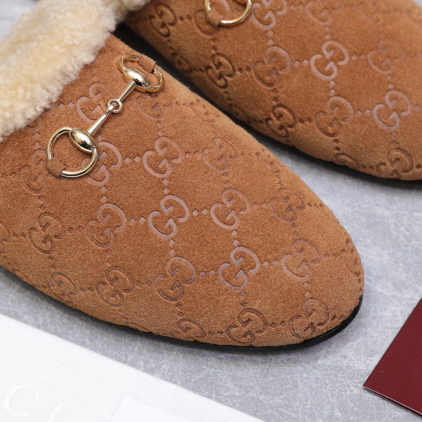 GG Horsebit Mules with Brown Insole Suede Shearing 547328