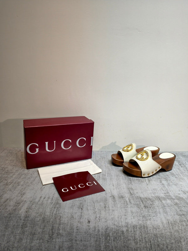 GG Wooden Clog Sandals White Patent Leather 864264