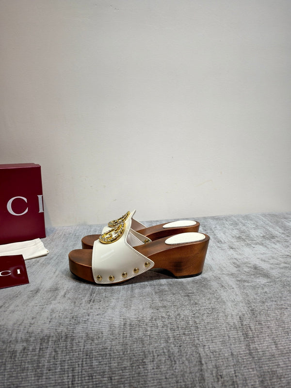 GG Wooden Clog Sandals White Patent Leather 864264