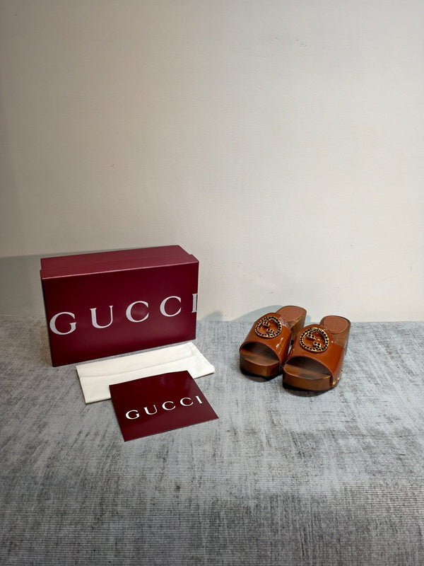 GG Wooden Clog Sandals Brown Patent Leather 864266