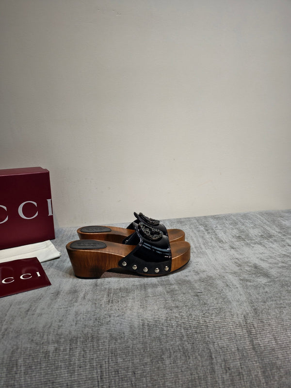 GG Wooden Clog Sandals Black Patent Leather 864267