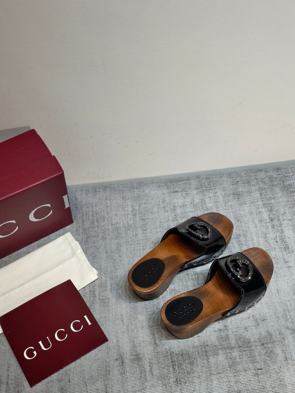 GG Wooden Clog Sandals Black Patent Leather 864267
