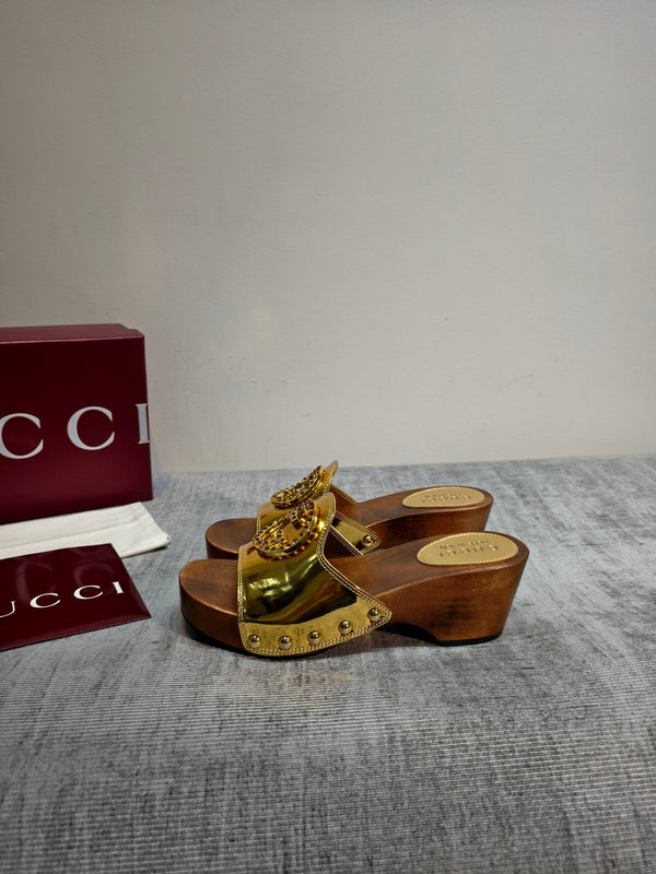 GG Wooden Clog Sandals Gold Leather 864268