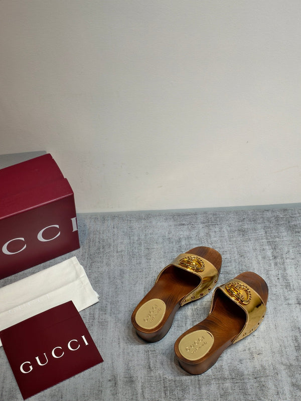 GG Wooden Clog Sandals Gold Leather 864268