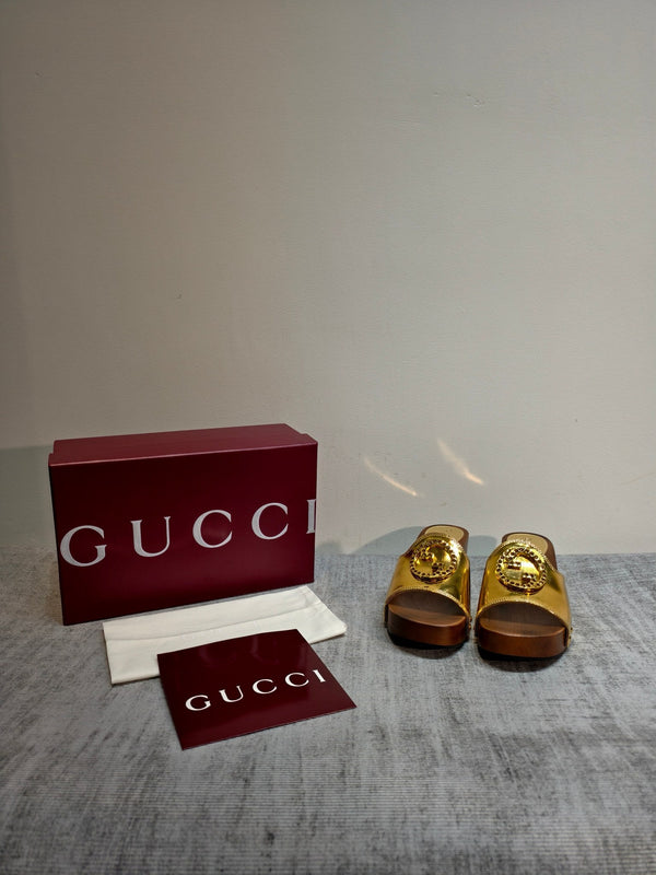 GG Wooden Clog Sandals Gold Leather 864268