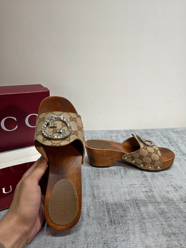 GG Wooden Clog Sandals Beige Canvas 864269