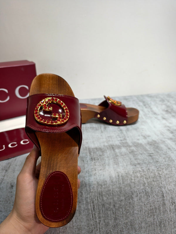 GG Wooden Clog Sandals Red Patent Leather 864270