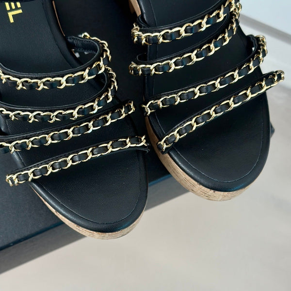 sandalo slingback con catena in pelle cc in vitello nero