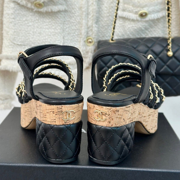 sandalo slingback con catena in pelle cc in vitello nero