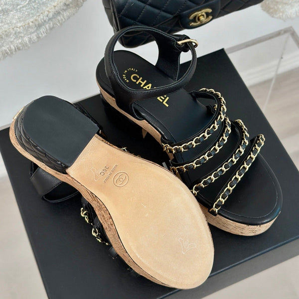 sandalo slingback con catena in pelle cc in vitello nero