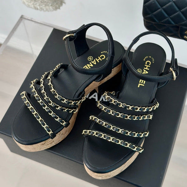 sandalo slingback con catena in pelle cc in vitello nero