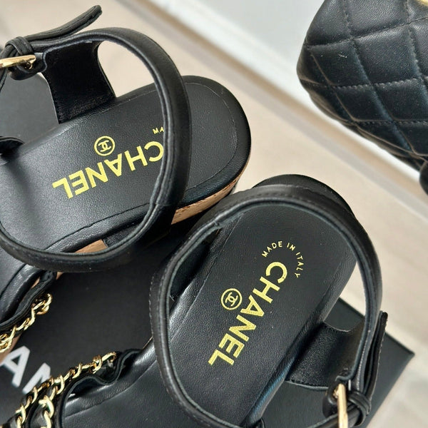 sandalo slingback con catena in pelle cc in vitello nero