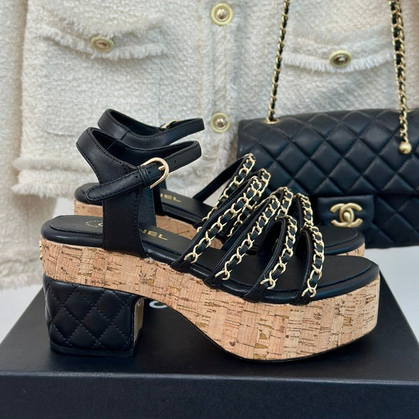 sandalo slingback con catena in pelle cc in vitello nero