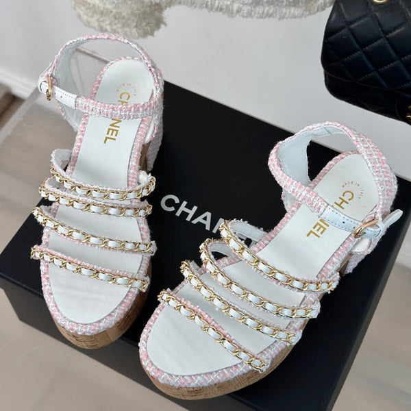 cc leather chain slingback sandal white pink calfskin