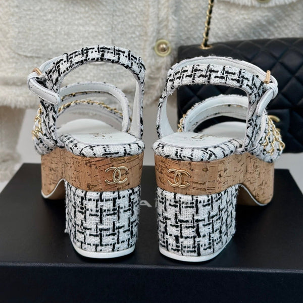 cc leather chain slingback sandal white black calfskin