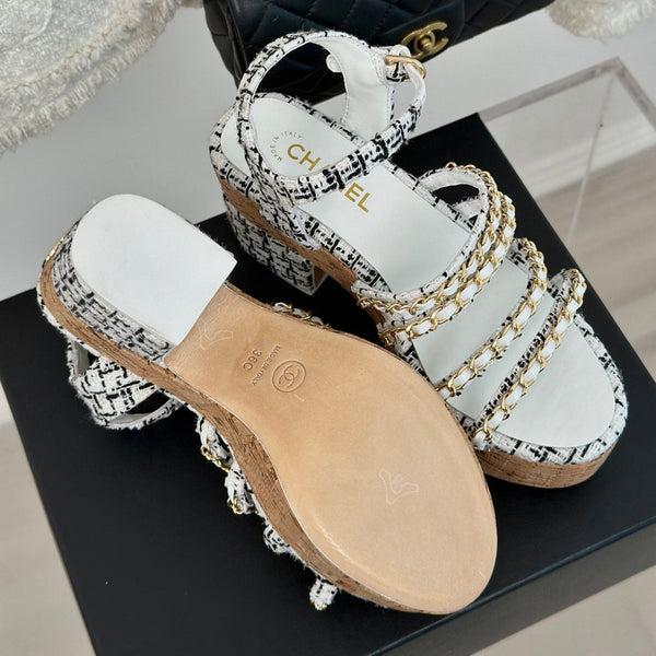 cc leather chain slingback sandal white black calfskin