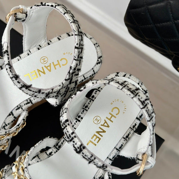 cc leather chain slingback sandal white black calfskin