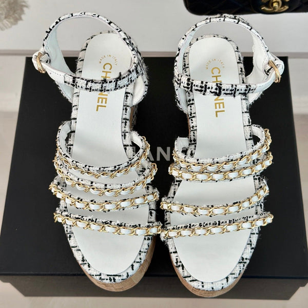 cc leather chain slingback sandal white black calfskin