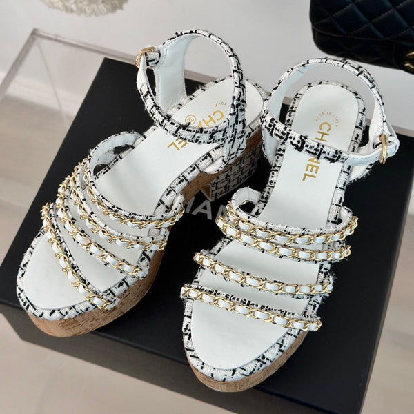 cc leather chain slingback sandal white black calfskin