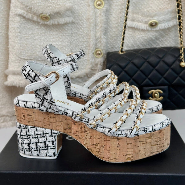 cc leather chain slingback sandal white black calfskin