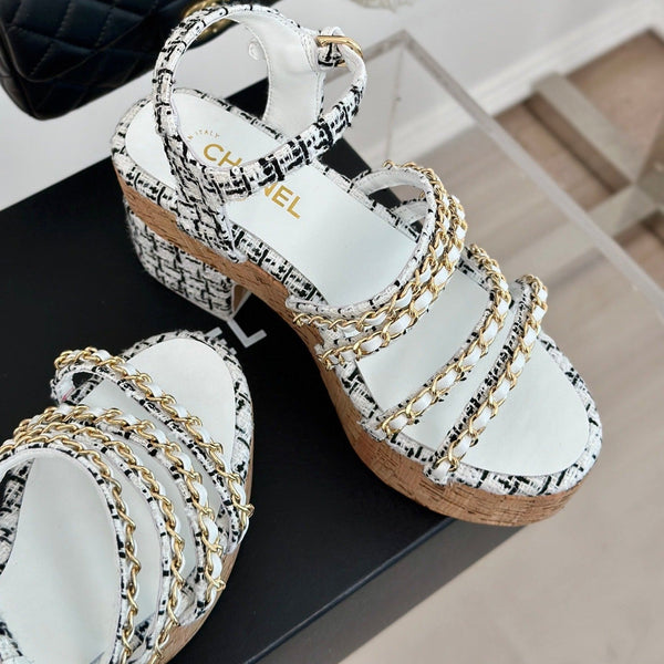 cc leather chain slingback sandal white black calfskin