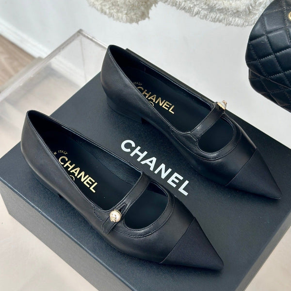 cc mary jane pointed toe black calfskin grosgrain