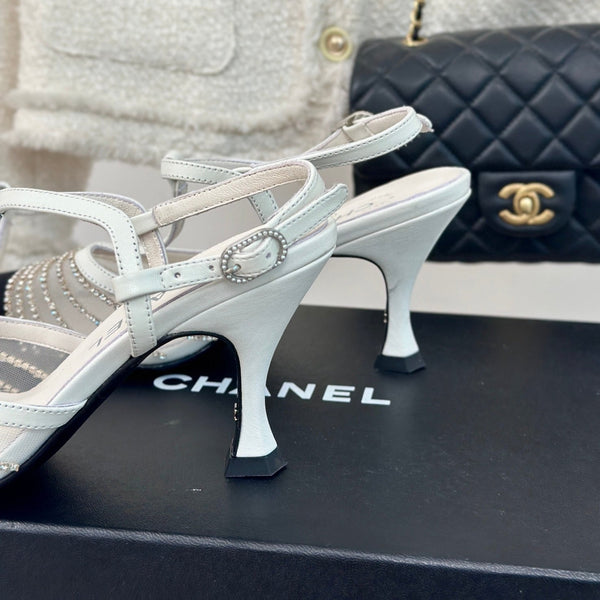 Crystal Flat High Heel Sandals White