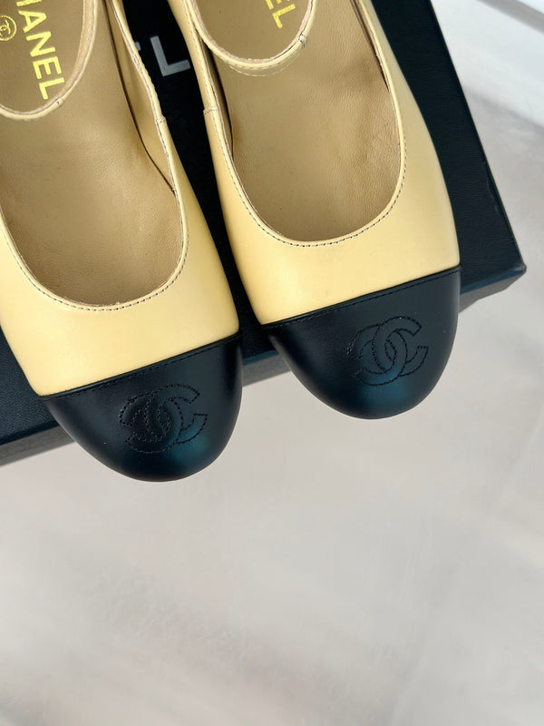 CC Mary Jane Beige Yellow Round Nose Lambskin