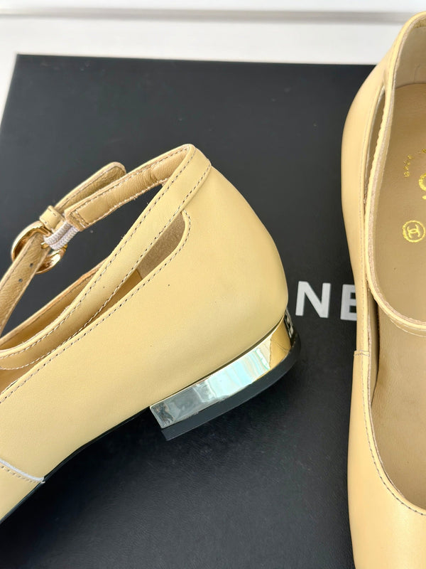 CC Mary Jane Beige Yellow Round Nose Lambskin