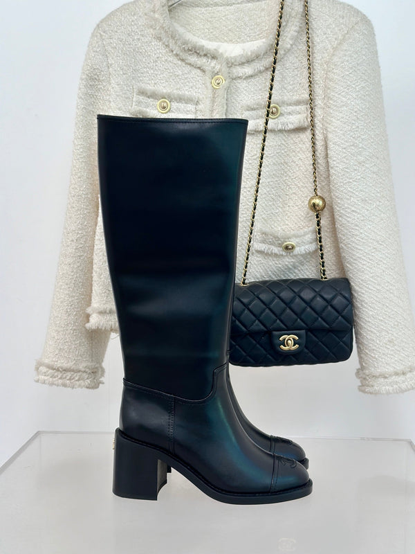 Stivali alti CC 70mm in pelle di agnello nera liscia