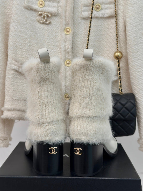 Stivali corti CC 60mm in pelle bovina bianca e filato di lana