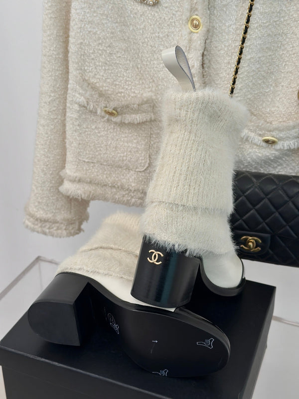 Stivali corti CC 60mm in pelle bovina bianca e filato di lana