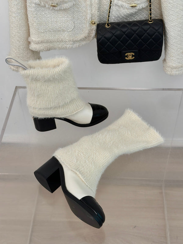 Stivali corti CC 60mm in pelle bovina bianca e filato di lana