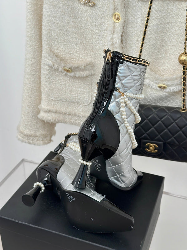 CC Short Boots 80mm Silver Wrinkled Quilted Calfskin