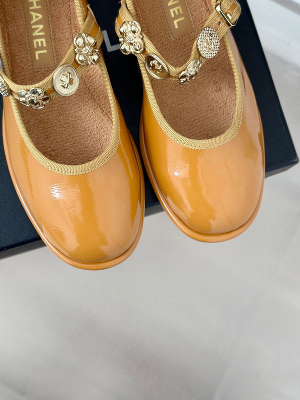 CC Mary Jane Glossy Orange Brown Cowhide And Lambskin